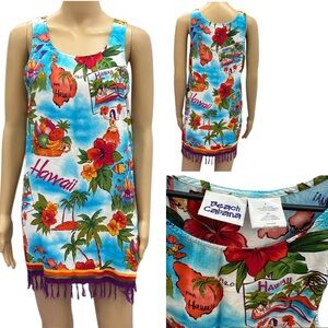 Vintage Beach Cabana Hawaiian Rayon Fringed Sleeveless Coverup Mini Dress Small